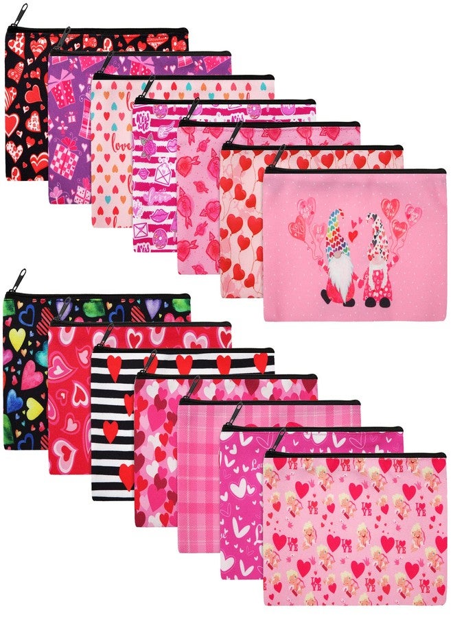 Reginary 14 Pieces Makeup Bags Double Sided Printed Toiletry Bag for Women Girls Engagement Wedding Red Heart Cosmetic Galentines Multifunctional Polyester with Zipper - Image 1