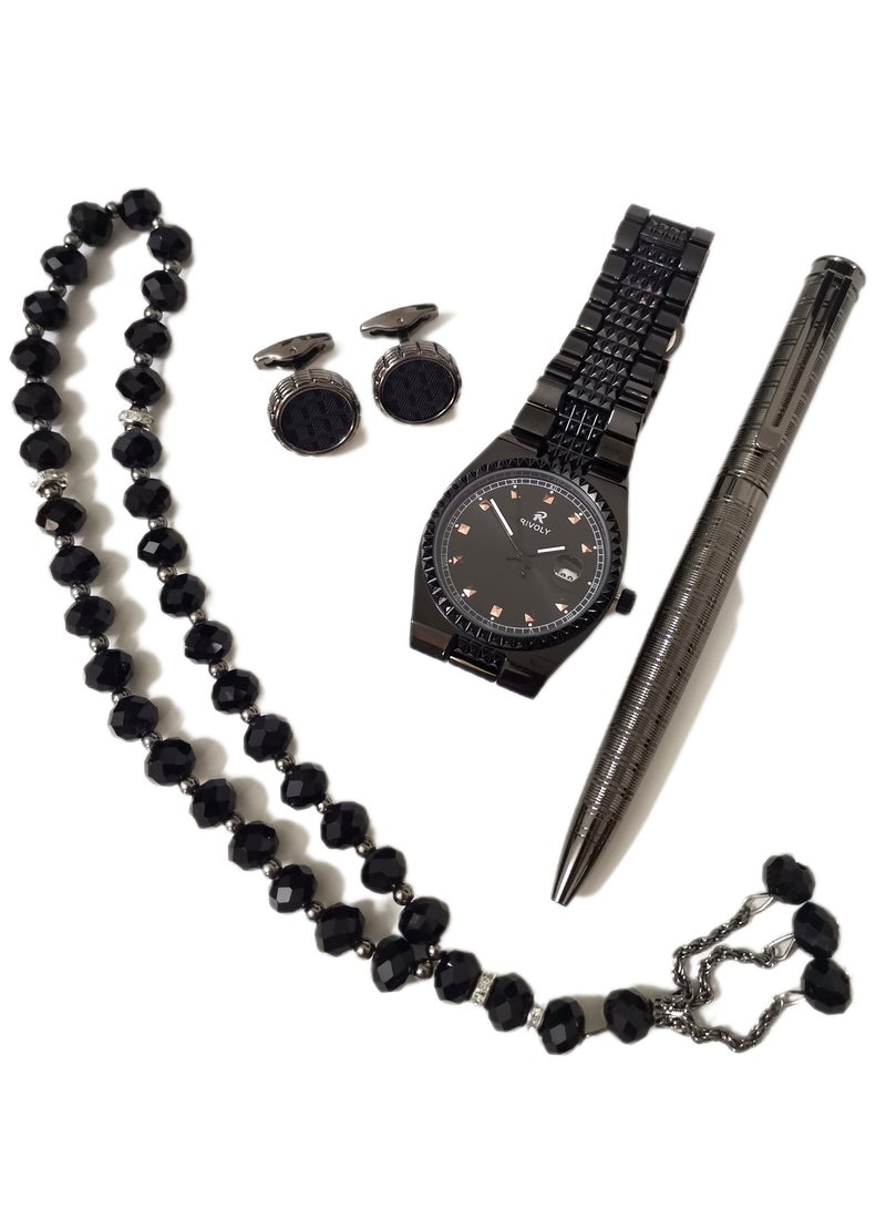 ريفولي طقم رجالي من الستانلس ستيل مكون من ساعة وسبحة وقلم وازرار اكمام القمصان - Image 5