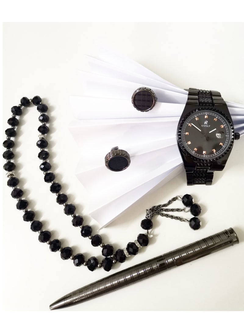 ريفولي طقم رجالي من الستانلس ستيل مكون من ساعة وسبحة وقلم وازرار اكمام القمصان - Image 1