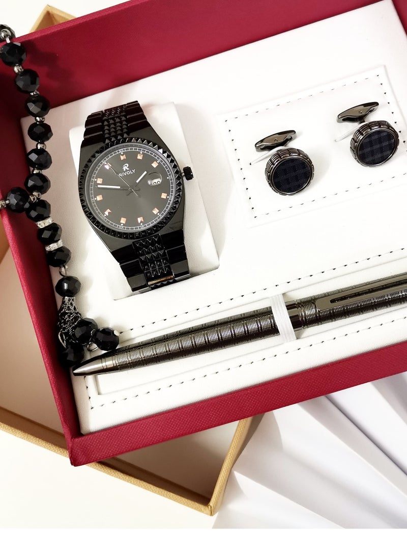 ريفولي طقم رجالي من الستانلس ستيل مكون من ساعة وسبحة وقلم وازرار اكمام القمصان - Image 3