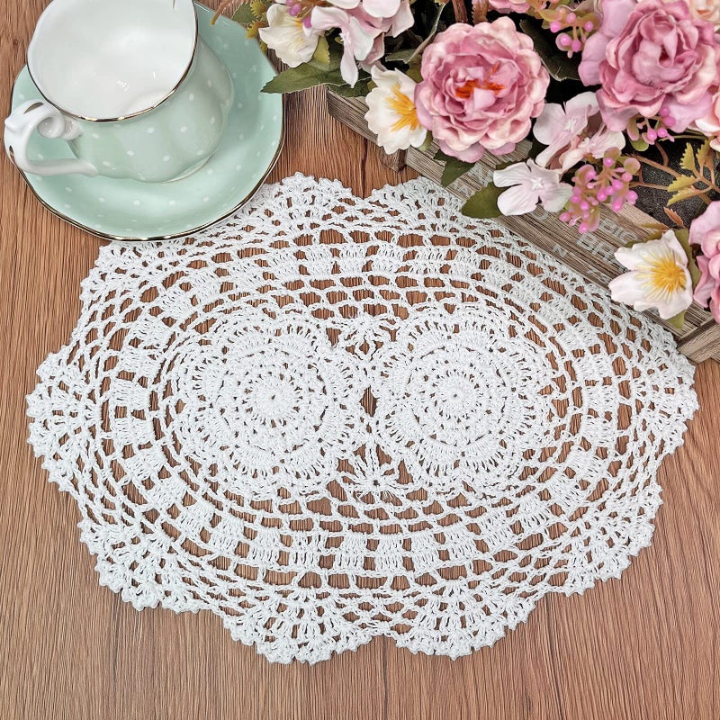 Phantomon Lace Doilies Handmade Crochet Placemats Cotton Doilies Cloth Lace Pack of 4 Oval Shape 10 x 14 inch White