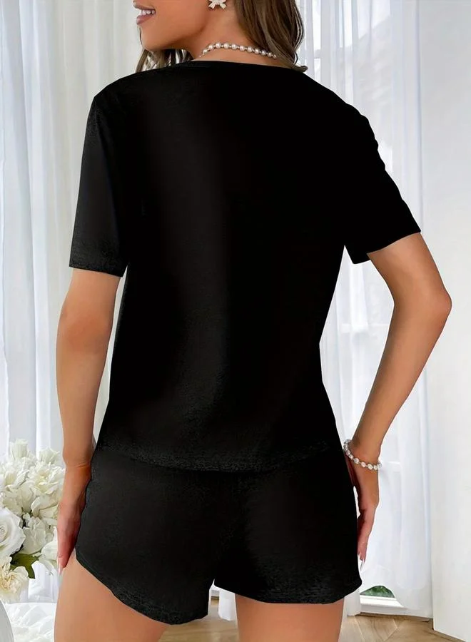 Take Two Black Slogan Text Print T-Shirt and Shorts Set