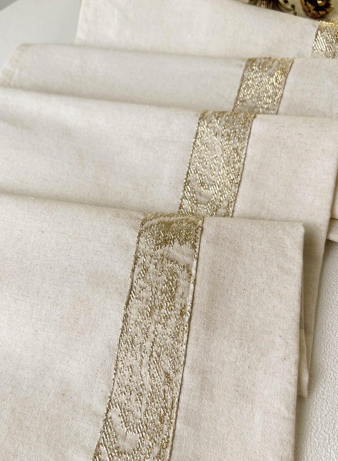 Oindec 2 Pack Cotton Linen Kitchen Valance Curtains with Shimmering Gold Embroidered Strip Modern Elegant 16 inches Neutral Farmhouse Short Valance for Windows Treatment - Image 2