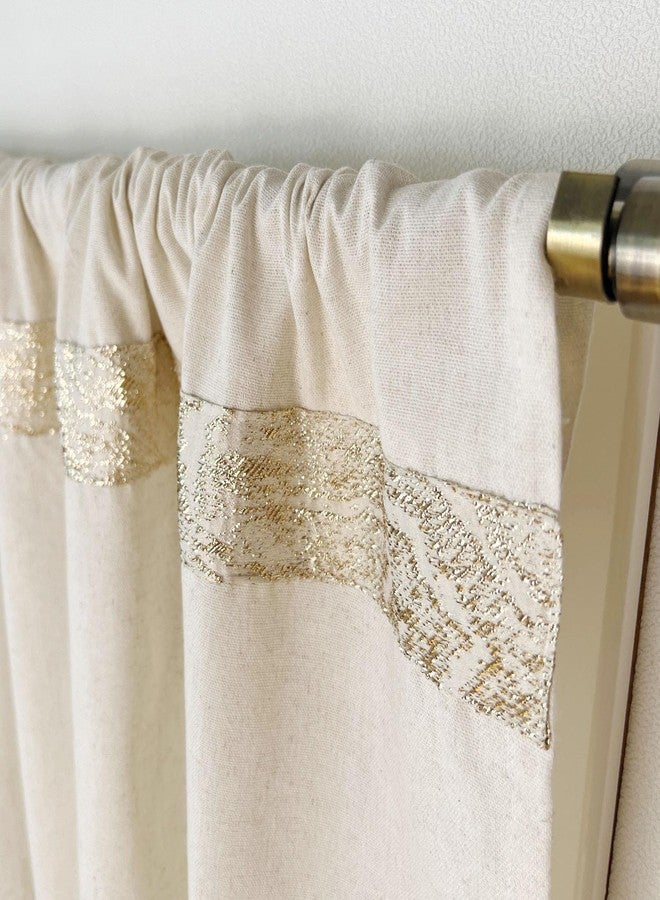 Oindec 2 Pack Cotton Linen Kitchen Valance Curtains with Shimmering Gold Embroidered Strip Modern Elegant 16 inches Neutral Farmhouse Short Valance for Windows Treatment - Image 3