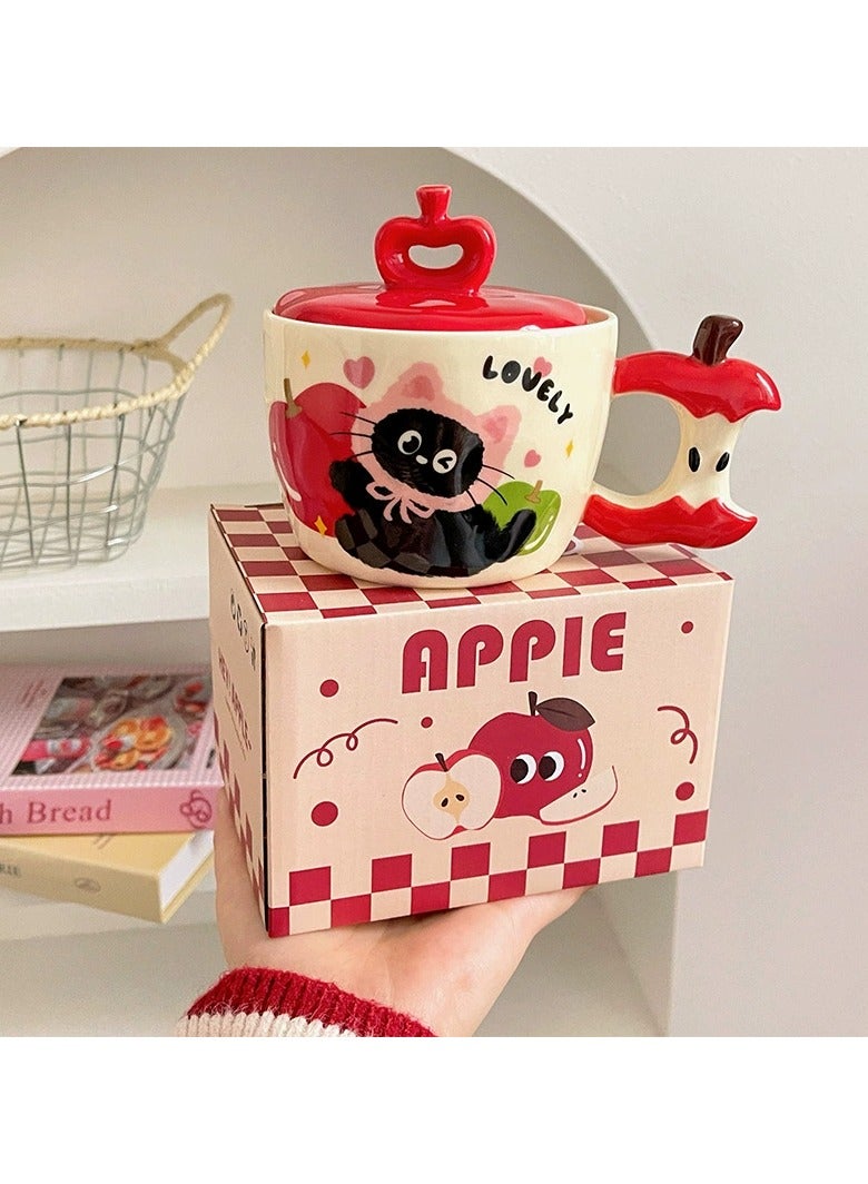 JOSQUEWNN Cute Cat Ceramic Mug with Apple Shape - 450ml Large Capacity, Hand-Painted Design, Ins-style Coffee Cup for Home or Office, Ideal Gift with Box - Image 5