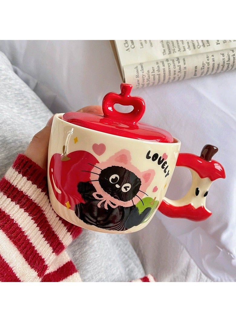JOSQUEWNN Cute Cat Ceramic Mug with Apple Shape - 450ml Large Capacity, Hand-Painted Design, Ins-style Coffee Cup for Home or Office, Ideal Gift with Box - Image 4