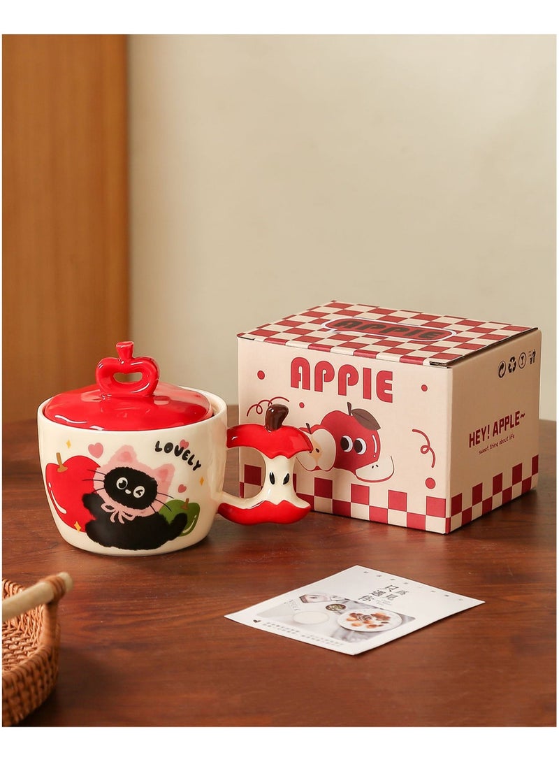 JOSQUEWNN Cute Cat Ceramic Mug with Apple Shape - 450ml Large Capacity, Hand-Painted Design, Ins-style Coffee Cup for Home or Office, Ideal Gift with Box - Image 3