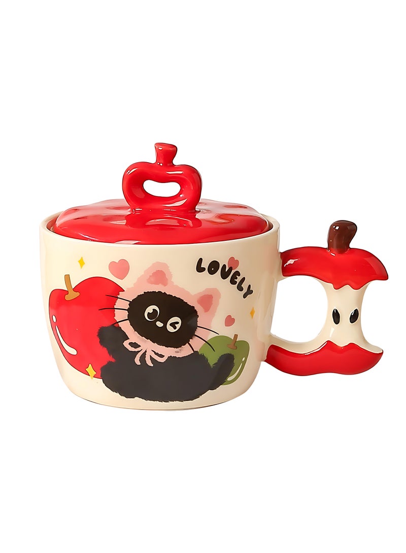 JOSQUEWNN Cute Cat Ceramic Mug with Apple Shape - 450ml Large Capacity, Hand-Painted Design, Ins-style Coffee Cup for Home or Office, Ideal Gift with Box - Image 2