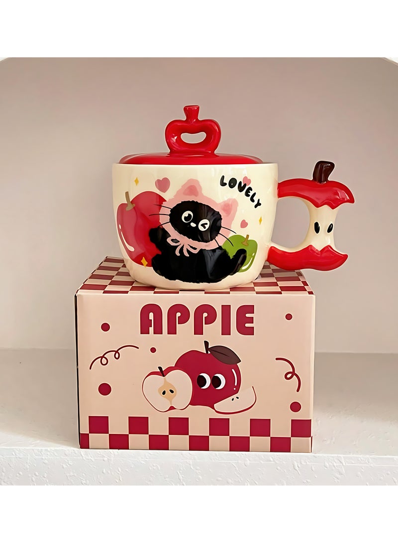JOSQUEWNN Cute Cat Ceramic Mug with Apple Shape - 450ml Large Capacity, Hand-Painted Design, Ins-style Coffee Cup for Home or Office, Ideal Gift with Box - Image 1