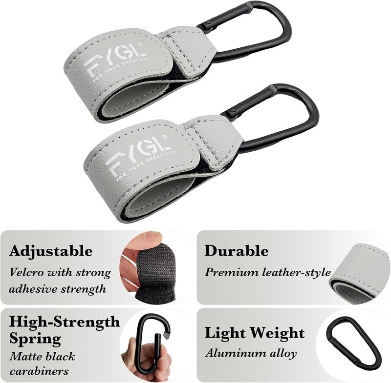 FYGL Stroller Hooks - Leather Buggy Clips, Pushchair Carabiner Clip for bags, Easy Attachment for Pram, Universal Stroller Clips and Hooks, Stroller Accessories - Grey (2 Pack) - Image 4
