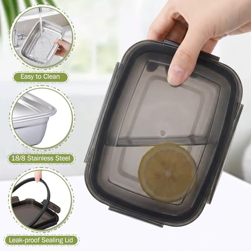 Teecyhooo 8 Pcs 304 Stainless Steel Food Storage Containers with Lids Leakproof, Reusable Airtight Meal Preparation Container Round and Square Stackable Food Container for Kitchen Picnic(Black Lids) - Image 2