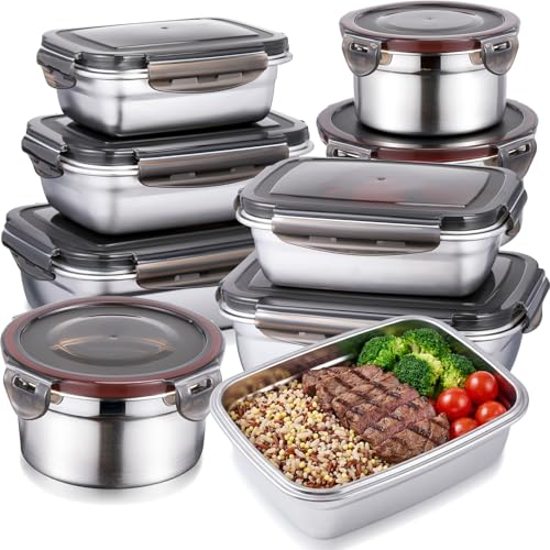 Teecyhooo 8 Pcs 304 Stainless Steel Food Storage Containers with Lids Leakproof, Reusable Airtight Meal Preparation Container Round and Square Stackable Food Container for Kitchen Picnic(Black Lids) - Image 1