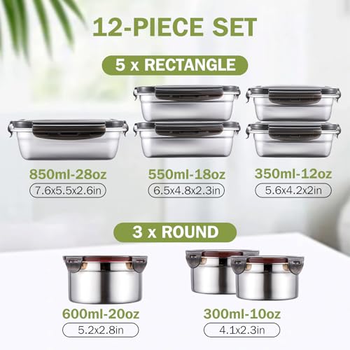 Teecyhooo 8 Pcs 304 Stainless Steel Food Storage Containers with Lids Leakproof, Reusable Airtight Meal Preparation Container Round and Square Stackable Food Container for Kitchen Picnic(Black Lids) - Image 4