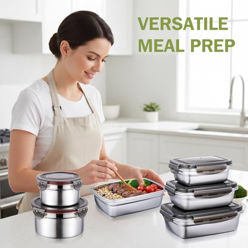 Teecyhooo 8 Pcs 304 Stainless Steel Food Storage Containers with Lids Leakproof, Reusable Airtight Meal Preparation Container Round and Square Stackable Food Container for Kitchen Picnic(Black Lids) - Image 3