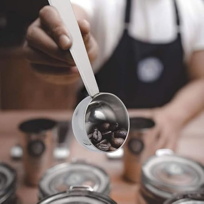 ريحني مغرفة تلاعب القهوة المصنوعة من الفولاذ المقاوم للصدأ 2In1 باريستا إسبريسو مع ملعقة قهوة مطرقة لمقهى منزلي مطبخ مكتب فضة قطعة واحدة - Image 4