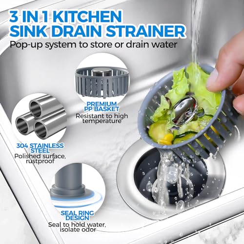 zaa Upgraded 3in1 Kitchen Sink Drain Strainer & Sink Stopper, Stainless Steel Kitchen Drain Plug & Sink Installation Parts with Anti-Clogging Basket, Fit US Standard 3-1/2'' Sink Drain Hole, Silver - Image 2