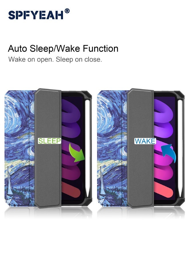 SPFYEAH iPad Mini 7 (7th Gen, 2024) / iPad Mini 6 (6th Gen, 2021) Cover, [Built in Trifold Stand][Built in Pencil Holder][Auto Wake Sleep] Smart Magnetic Flip Hybrid Slim Shockproof Case for iPad Mini 7/6 8.3inch, Starry Sky - Image 4
