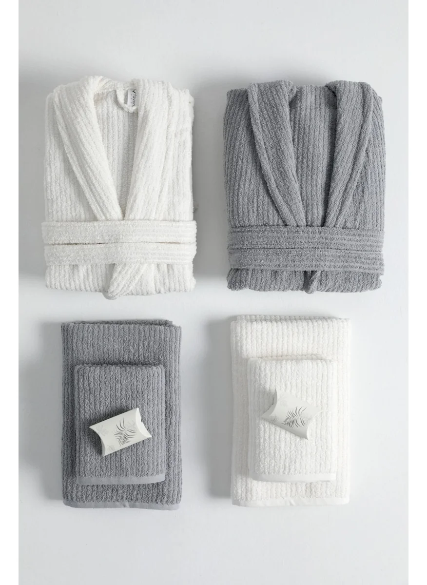 فافورا Line Luxury 8 Piece Family Bathrobe Set - Grey - Cream