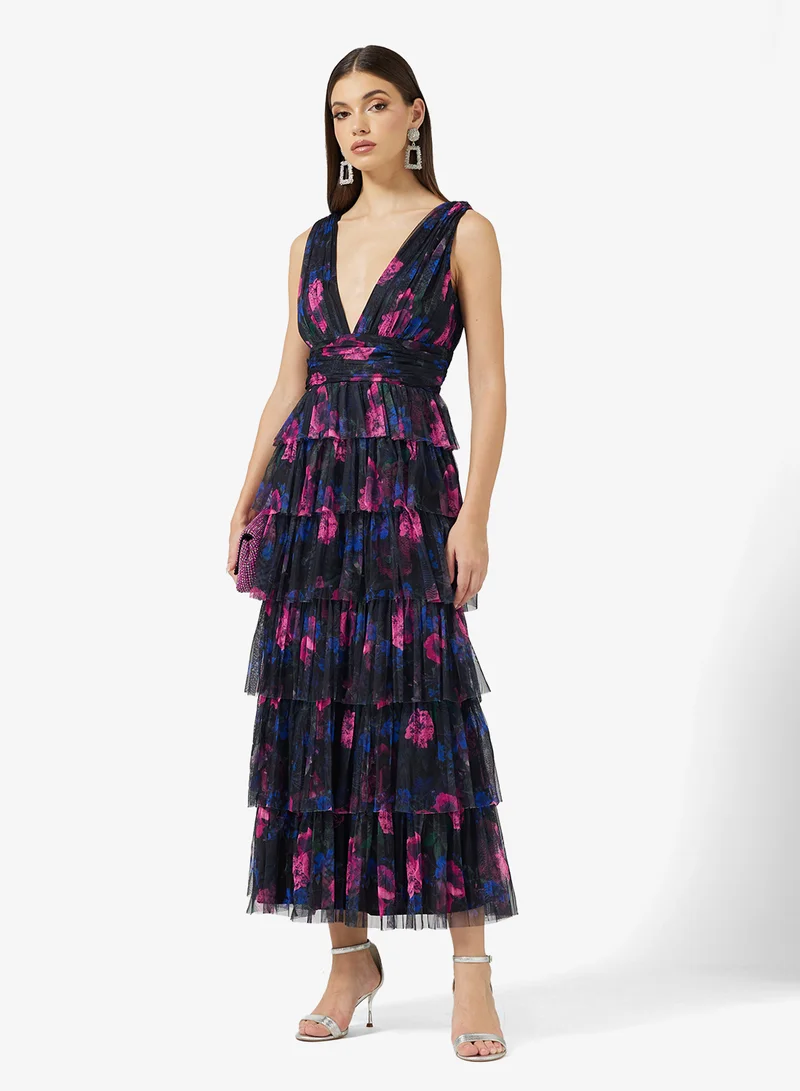 Anaya With Love Sleeveless Plunge Neck Tiered Tulle Midi Dress