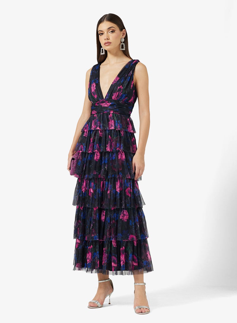 Anaya With Love Sleeveless Plunge Neck Tiered Tulle Midi Dress - Image 1