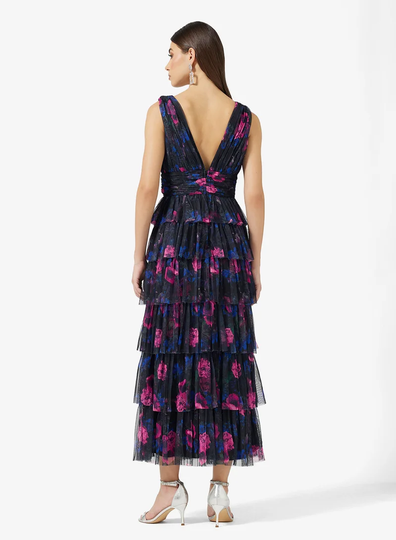 Anaya With Love Sleeveless Plunge Neck Tiered Tulle Midi Dress