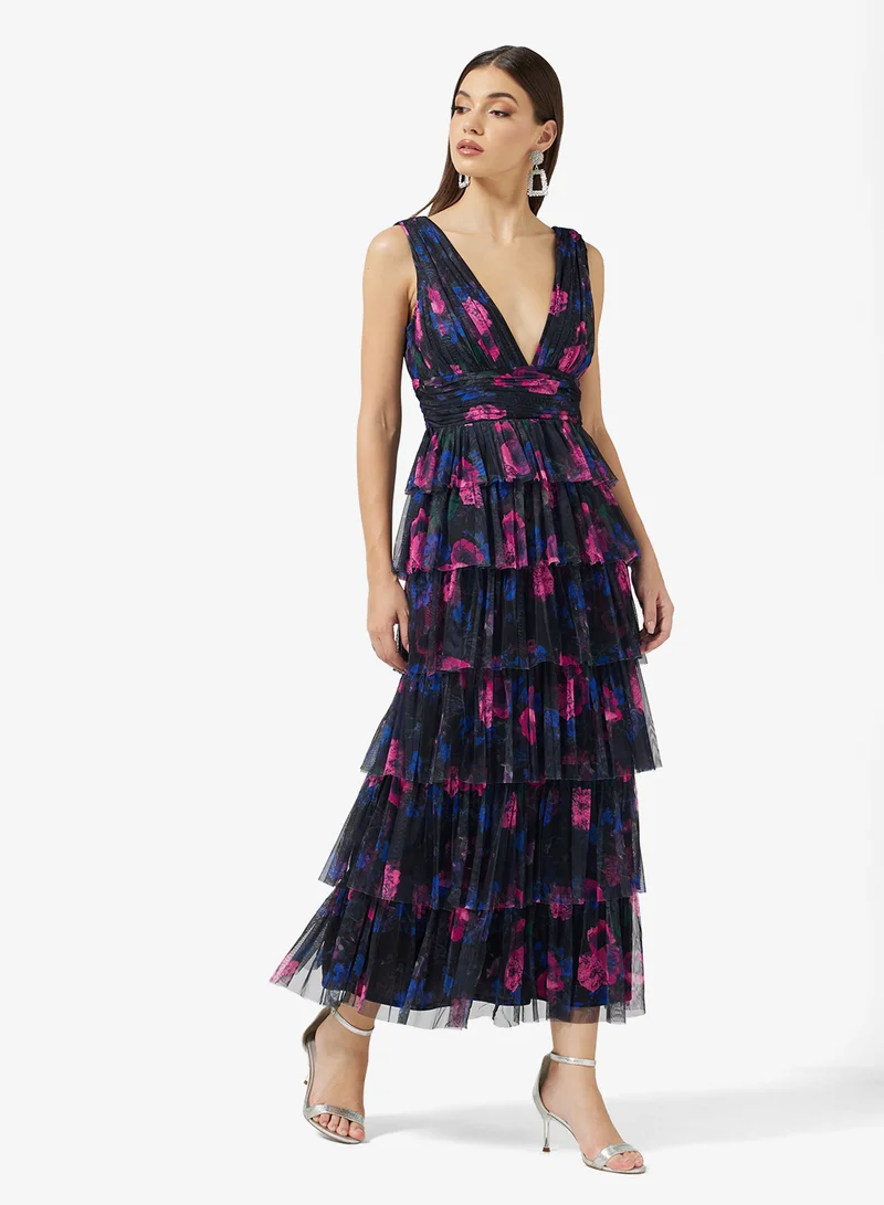 انايا ويذ لوف Sleeveless Plunge Neck Tiered Tulle Midi Dress