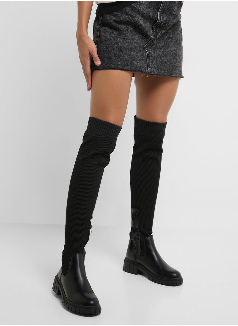 Truffle - Knit Deail Chunky Knee Boot - Image 1
