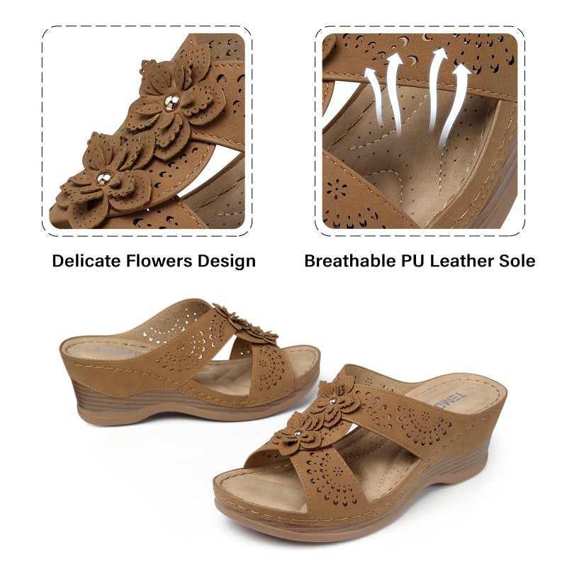 TEMOFON Womens Wedge Sandals Leather: Casual Women Slip on Summer Platform Wedge Sandals Dressy Brown Walking Comfortable Low Heels Size 8 - Image 4