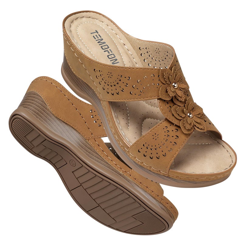 TEMOFON Womens Wedge Sandals Leather: Casual Women Slip on Summer Platform Wedge Sandals Dressy Brown Walking Comfortable Low Heels Size 8 - Image 1
