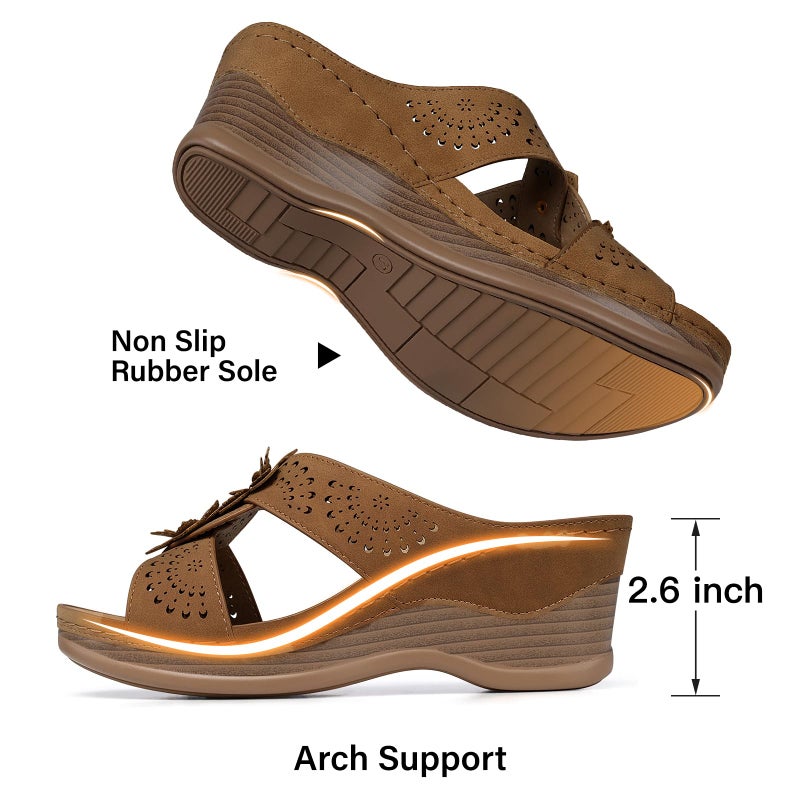 TEMOFON Womens Wedge Sandals Leather: Casual Women Slip on Summer Platform Wedge Sandals Dressy Brown Walking Comfortable Low Heels Size 8 - Image 5