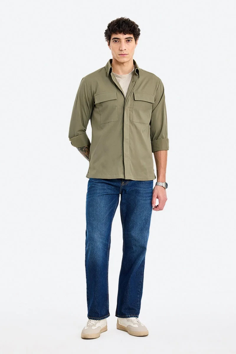 سنيتش Green Solid Long Sleeve Regular Fit Shirt