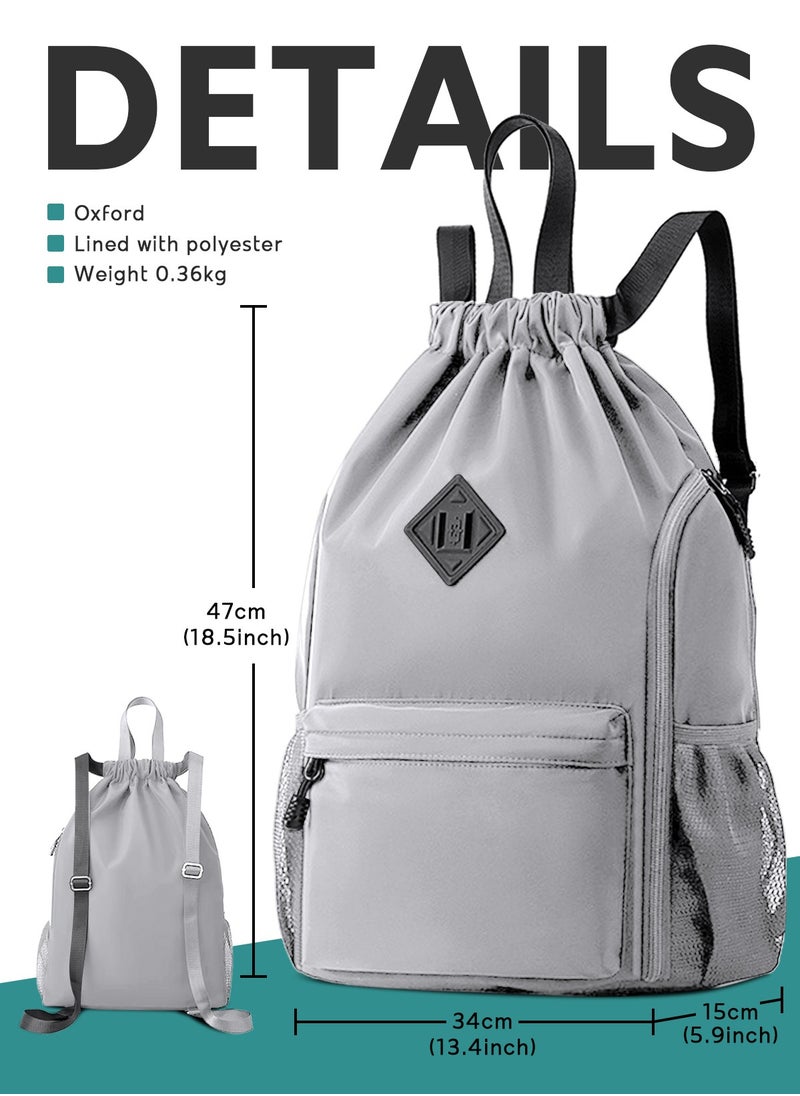 URbazaar Drawstring Backpack Sports Gym Bag, Nylon Draw Backpack Large Size with Zipper and Front Rear Pocket, Water Resistant String Sackpack for School Swimming Travel Women Men  - Image 3