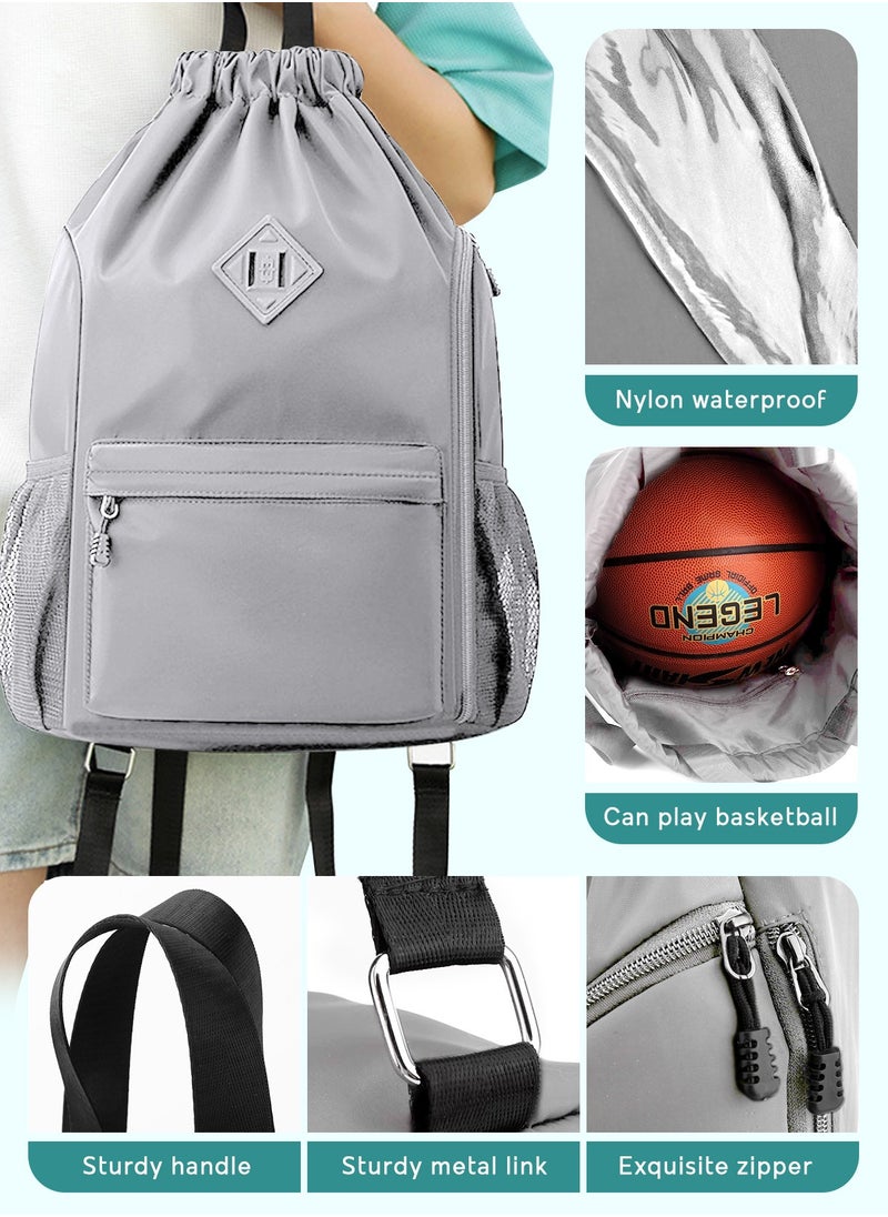 URbazaar Drawstring Backpack Sports Gym Bag, Nylon Draw Backpack Large Size with Zipper and Front Rear Pocket, Water Resistant String Sackpack for School Swimming Travel Women Men  - Image 4