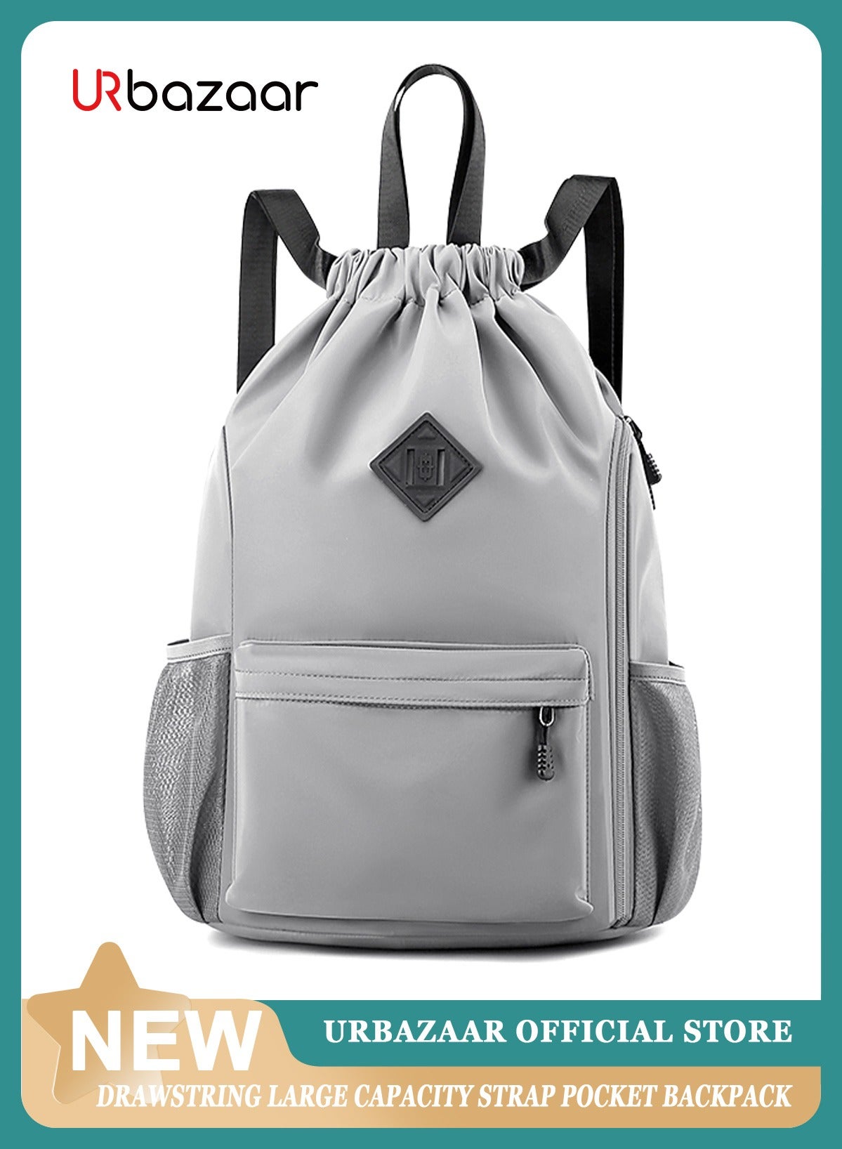 URbazaar Drawstring Backpack Sports Gym Bag, Nylon Draw Backpack Large Size with Zipper and Front Rear Pocket, Water Resistant String Sackpack for School Swimming Travel Women Men