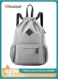 URbazaar Drawstring Backpack Sports Gym Bag, Nylon Draw Backpack Large Size with Zipper and Front Rear Pocket, Water Resistant String Sackpack for School Swimming Travel Women Men  - Image 1