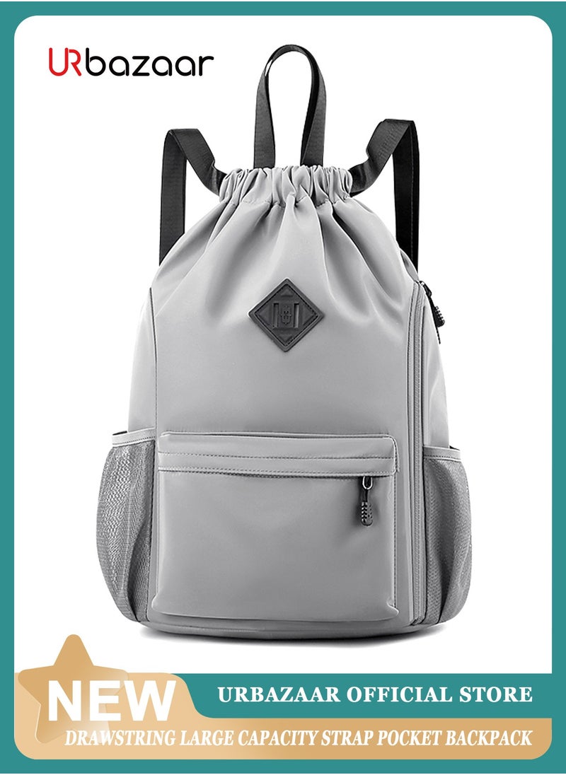 URbazaar Drawstring Backpack Sports Gym Bag, Nylon Draw Backpack Large Size with Zipper and Front Rear Pocket, Water Resistant String Sackpack for School Swimming Travel Women Men  - Image 1