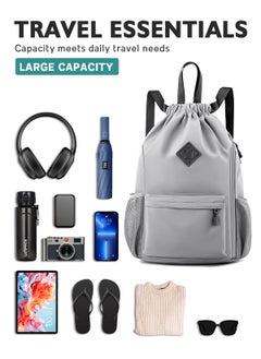 URbazaar Drawstring Backpack Sports Gym Bag, Nylon Draw Backpack Large Size with Zipper and Front Rear Pocket, Water Resistant String Sackpack for School Swimming Travel Women Men  - Image 2