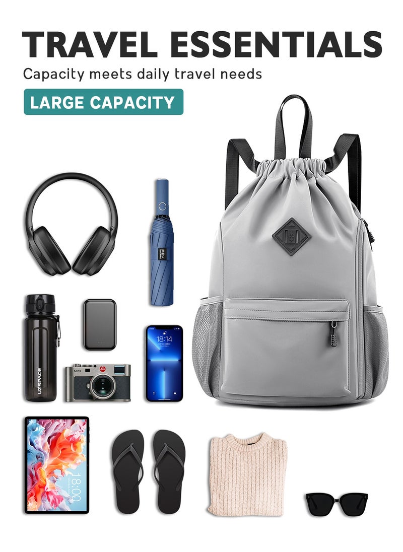 URbazaar Drawstring Backpack Sports Gym Bag, Nylon Draw Backpack Large Size with Zipper and Front Rear Pocket, Water Resistant String Sackpack for School Swimming Travel Women Men  - Image 2