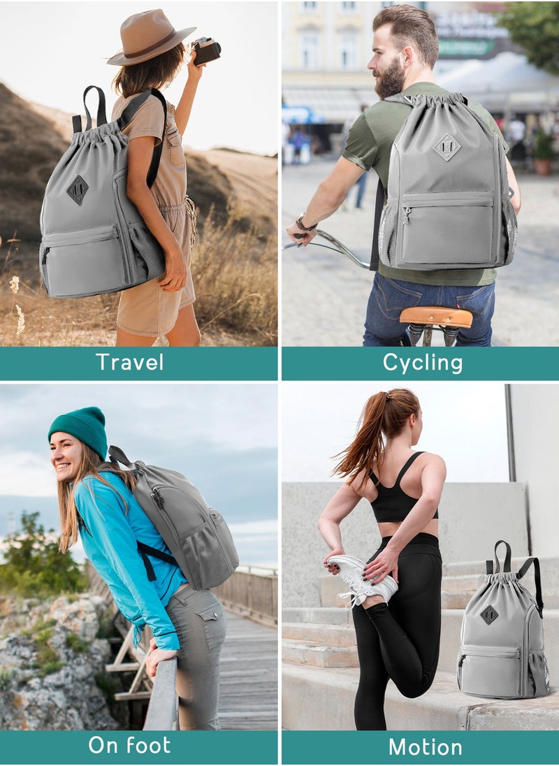 URbazaar Drawstring Backpack Sports Gym Bag, Nylon Draw Backpack Large Size with Zipper and Front Rear Pocket, Water Resistant String Sackpack for School Swimming Travel Women Men  - Image 5