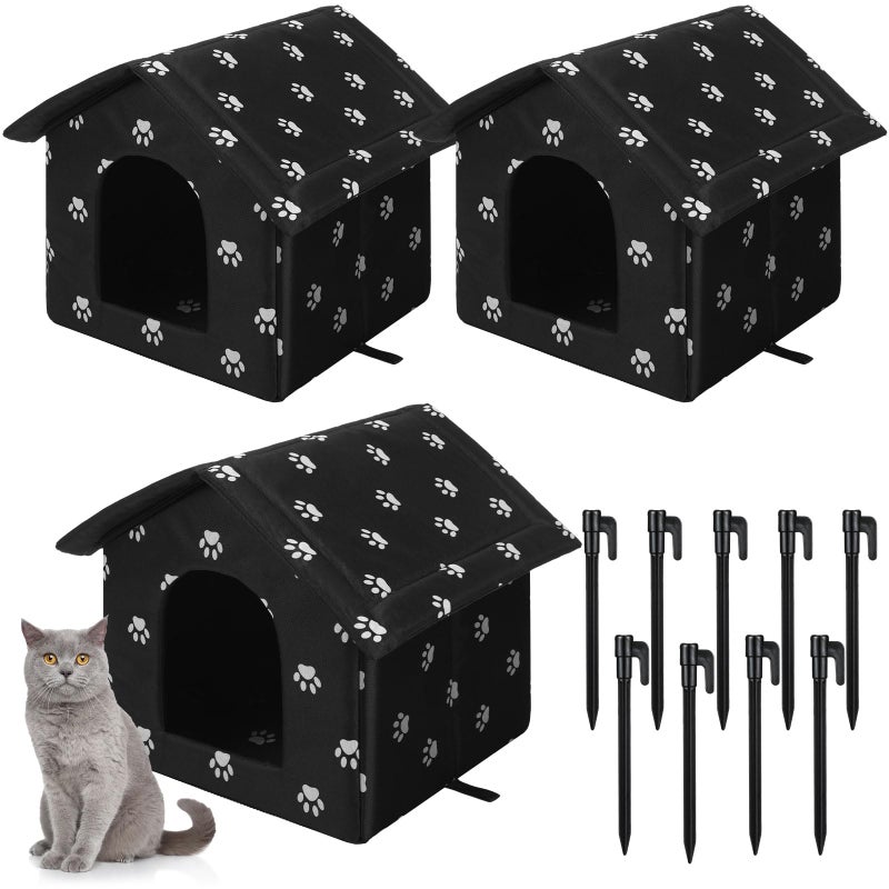 Soaoo 3 Pcs Cat Houses for Outdoor Stray Cats Shelter Weatherproof Outside House Indoor Foldable Pet Cave with Tent Stakes for Wild Animal DogsPaw Style