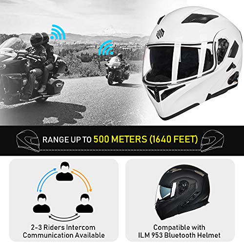 ILM Bluetooth Motorcycle Helmet Modular Flip up Full Face Dual Visor Mp3 Intercom FM Radio DOT Model 902BT(White, M) - Image 3