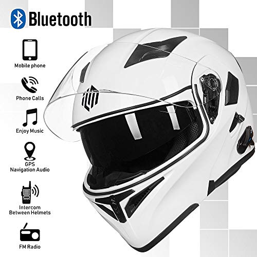 ILM Bluetooth Motorcycle Helmet Modular Flip up Full Face Dual Visor Mp3 Intercom FM Radio DOT Model 902BT(White, M) - Image 2