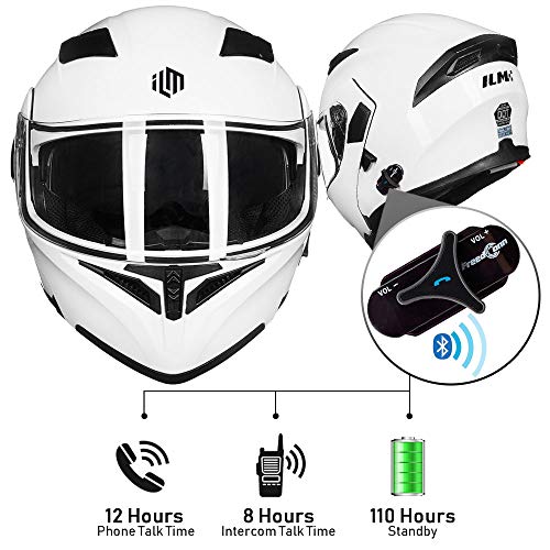 ILM Bluetooth Motorcycle Helmet Modular Flip up Full Face Dual Visor Mp3 Intercom FM Radio DOT Model 902BT(White, M) - Image 5