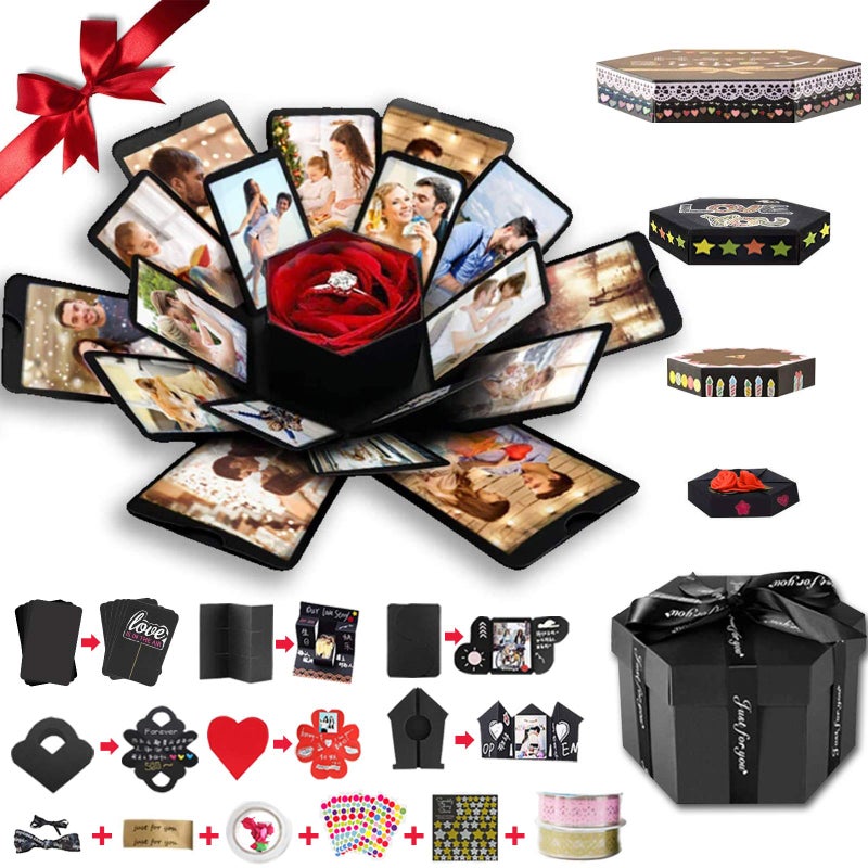 Wanateber Explosion Box, DIY Explosion Box with 6 Faces, Main Part Assembled Handmade Photo Album for Birthday Gift, Anniversary, Valentine's Day, Wedding (Black) - Image 1