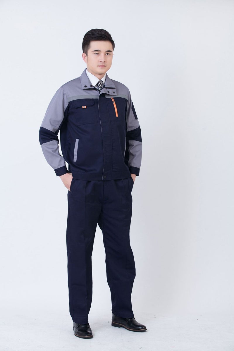 Factory workshop breathable long sleeve labor protection clothing wholesale printable LOGO embroidered word wear-resistant property welding work clothes set Dark blue with dark gray shoulder suit 