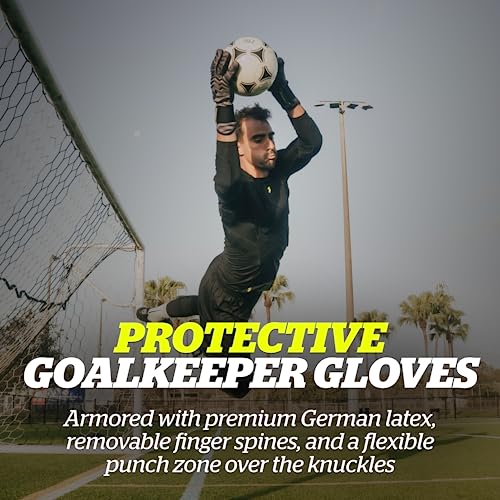 Storelli Electric Goalkeeper Gloves HighImpact Hand Protection with 5 Removable Finger Spines German Contact Latex Wrist Strap Extended Cuff Youth Adults Unisex 1 Pair Black Charge Size 8 - Image 3