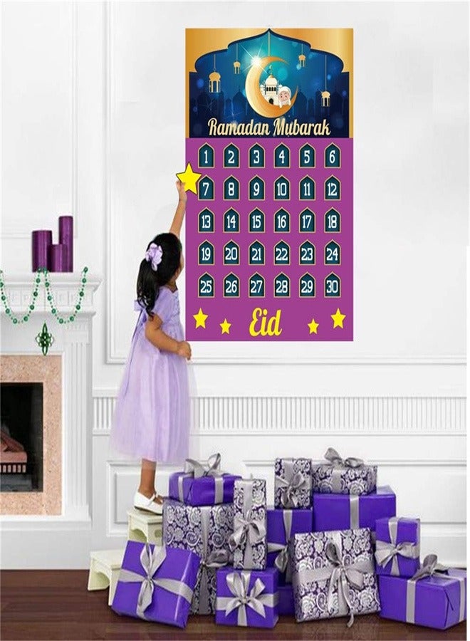 Ramadan Advent Calendar, Ramadan Mubarak Countdown Decorations, 30 Days and 30 Reusable Stars Poster Calendar Eid Mubarak Reusable Stars Ramadan Mubarak Decor for Home Kids Gift