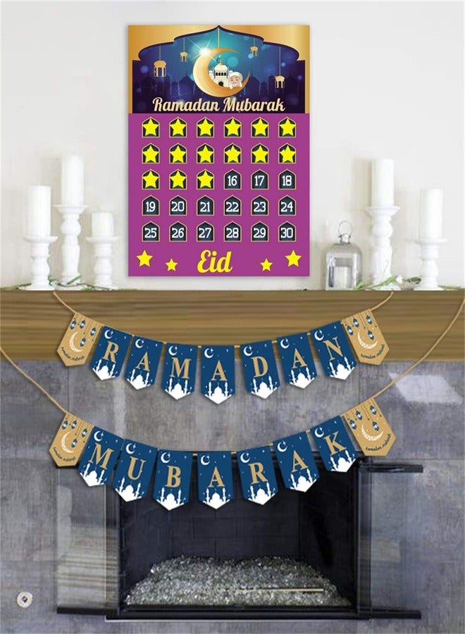 Ramadan Advent Calendar, Ramadan Mubarak Countdown Decorations, 30 Days and 30 Reusable Stars Poster Calendar Eid Mubarak Reusable Stars Ramadan Mubarak Decor for Home Kids Gift