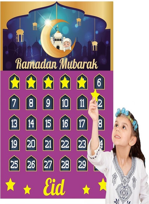 Ramadan Advent Calendar, Ramadan Mubarak Countdown Decorations, 30 Days and 30 Reusable Stars Poster Calendar Eid Mubarak Reusable Stars Ramadan Mubarak Decor for Home Kids Gift