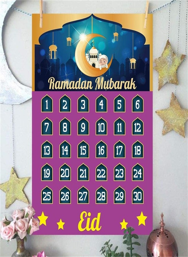 Ramadan Advent Calendar, Ramadan Mubarak Countdown Decorations, 30 Days and 30 Reusable Stars Poster Calendar Eid Mubarak Reusable Stars Ramadan Mubarak Decor for Home Kids Gift